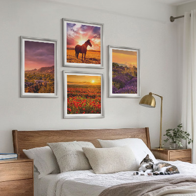 Wall art set Mountain landscape horse lavender
