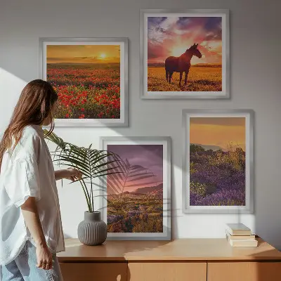 Wall art set featuring a mountain landscape with a horse and lavender