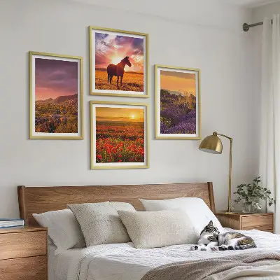 Wall art set featuring a mountain landscape with a horse and lavender