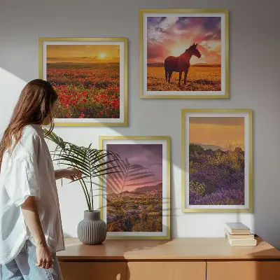 Wall art set featuring a mountain landscape with a horse and lavender