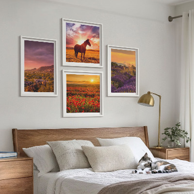 Wall art set Mountain landscape horse lavender