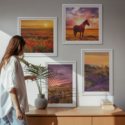 Wall art set Mountain landscape horse lavender