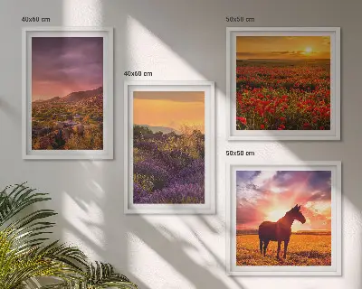 Wall art set featuring a mountain landscape with a horse and lavender