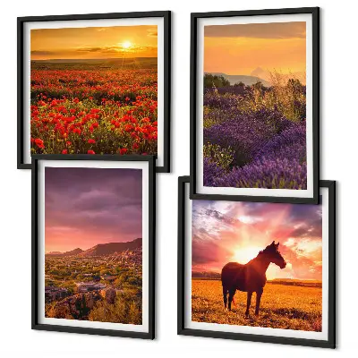 Wall art set featuring a mountain landscape with a horse and lavender
