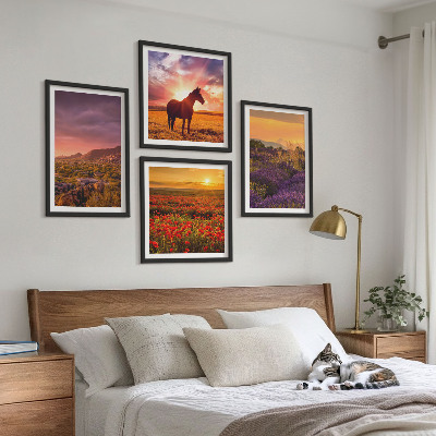 Wall art set Mountain landscape horse lavender