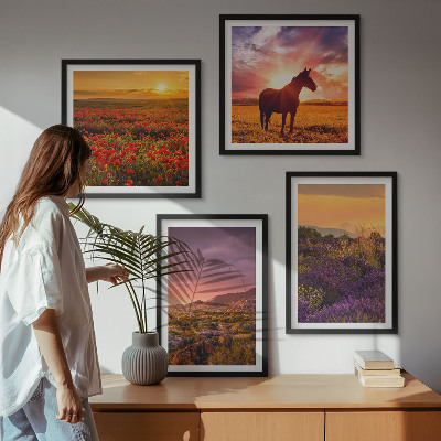 Wall art set Mountain landscape horse lavender