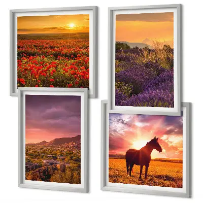 Wall art set featuring a mountain landscape with a horse and lavender