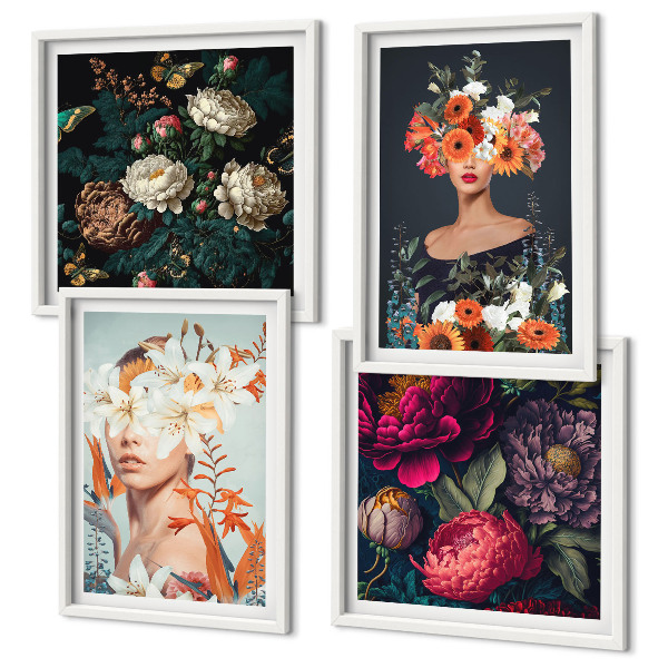 Set of 4 wall art pieces Floral portraits bouquets leaves