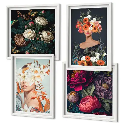 Floral portraits wall art set set of 4 pieces with bouquets and leaves designs