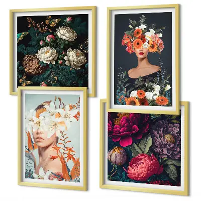 Floral portraits wall art set set of 4 pieces with bouquets and leaves designs