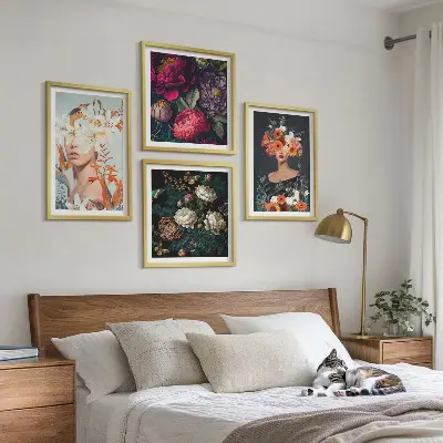 Floral portraits wall art set set of 4 pieces with bouquets and leaves designs