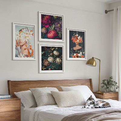 Set of 4 wall art pieces Floral portraits bouquets leaves