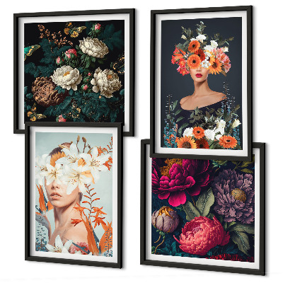 Set of 4 wall art pieces Floral portraits bouquets leaves