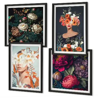 Floral portraits wall art set set of 4 pieces with bouquets and leaves designs