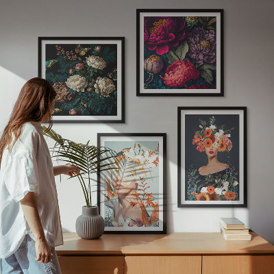 Set of 4 wall art pieces Floral portraits bouquets leaves