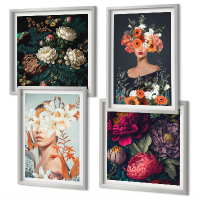 Set of 4 wall art pieces Floral portraits bouquets leaves