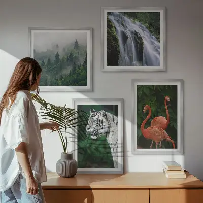 Tiger, waterfall, and flamingos nature wall art set nature themed wall art set