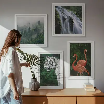 Tiger, waterfall, and flamingos nature wall art set nature themed wall art set