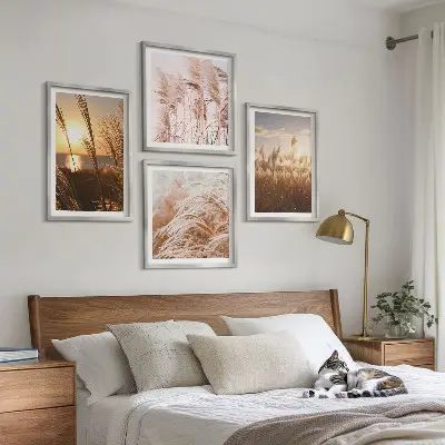 Boho grass field sunset wall art set 