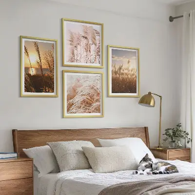 Boho grass field sunset wall art set 