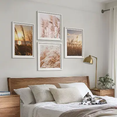 Boho grass field sunset wall art set 