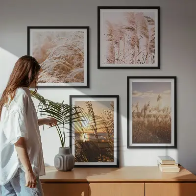 Boho grass field sunset wall art set 