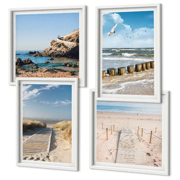 Multi-piece wall decor set featuring a coastal beach scene with sand waves sky and birds