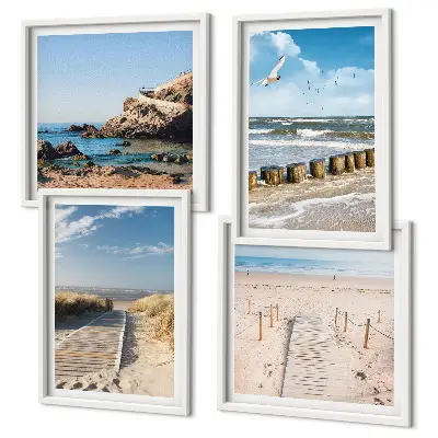 Multi-piece wall decor set featuring a coastal beach scene with sand waves sky and birds