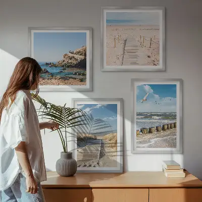 Multi-piece wall decor set featuring a coastal beach scene with sand waves sky and birds