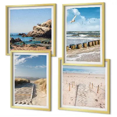 Multi-piece wall decor set featuring a coastal beach scene with sand waves sky and birds
