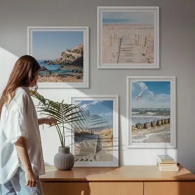 Multi-piece wall decor set featuring a coastal beach scene with sand waves sky and birds