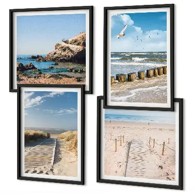 Multi-piece wall decor set featuring a coastal beach scene with sand waves sky and birds