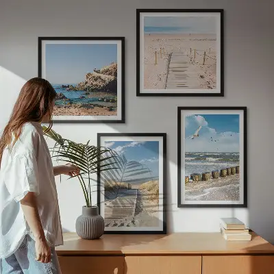 Multi-piece wall decor set featuring a coastal beach scene with sand waves sky and birds