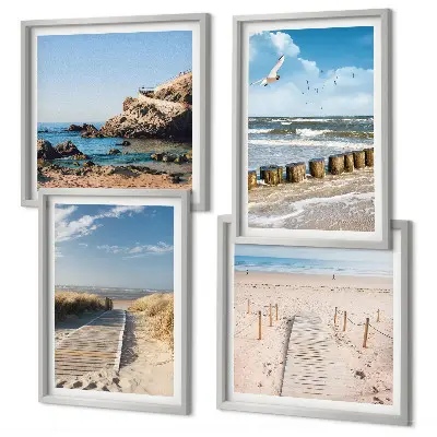 Multi-piece wall decor set featuring a coastal beach scene with sand waves sky and birds