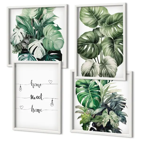 Watercolor Monstera Leaves Wall Art set of 4 pieces