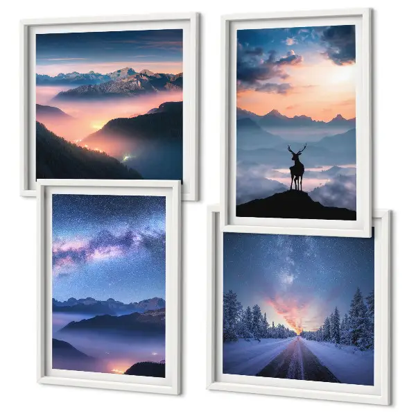 Wall art set featuring a misty night sky with mountains and a deer