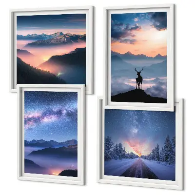Wall art set featuring a misty night sky with mountains and a deer