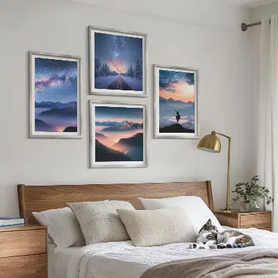 Wall art set featuring a misty night sky with mountains and a deer