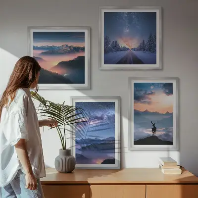 Wall art set featuring a misty night sky with mountains and a deer
