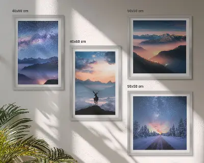 Wall art set featuring a misty night sky with mountains and a deer
