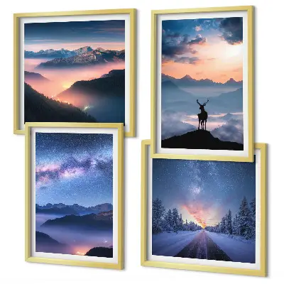 Wall art set featuring a misty night sky with mountains and a deer