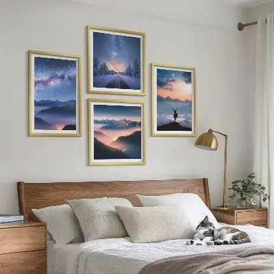 Wall art set featuring a misty night sky with mountains and a deer