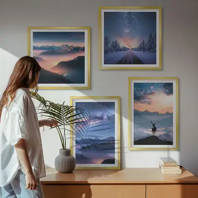 Wall art set featuring a misty night sky with mountains and a deer