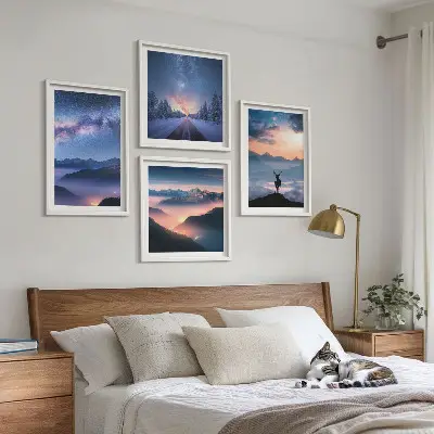 Wall art set featuring a misty night sky with mountains and a deer