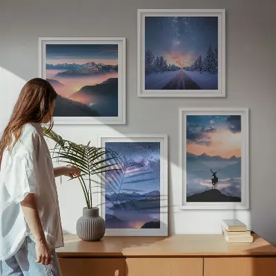 Wall art set featuring a misty night sky with mountains and a deer