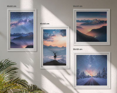Wall art set Night sky mountains fog deer
