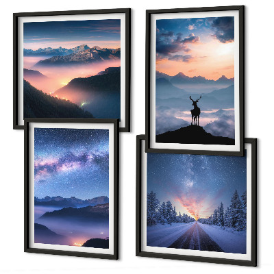 Wall art set Night sky mountains fog deer