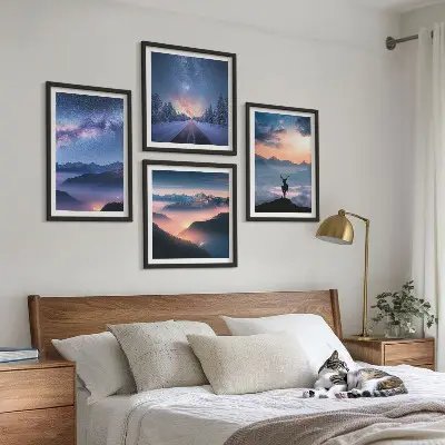 Wall art set featuring a misty night sky with mountains and a deer