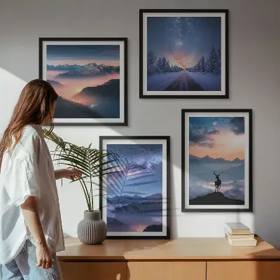 Wall art set featuring a misty night sky with mountains and a deer