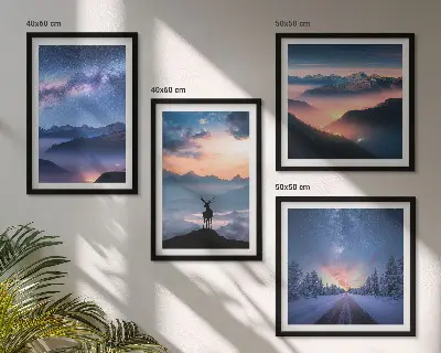 Wall art set featuring a misty night sky with mountains and a deer